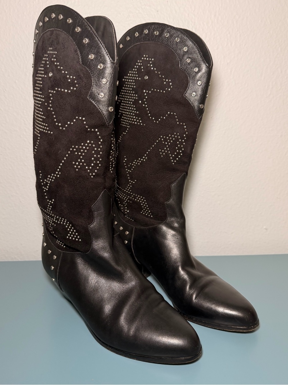 Black Suede Studded Western Boots for Women